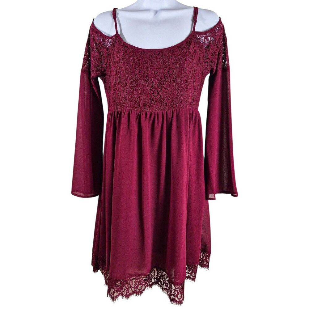 Altar'd State S Coquette Burgundy Lace Bell Sleeve Cold Shoulder Boho Midi Dress - Picture 2 of 10